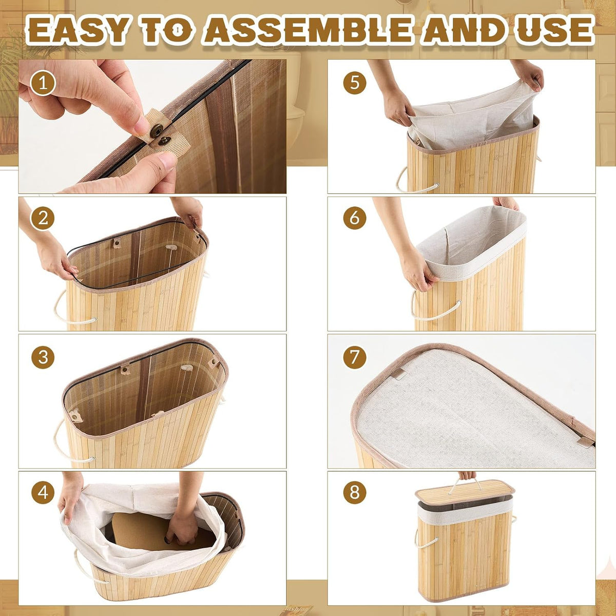 Leinuosen Bamboo Toilet Paper Storage Basket with Lid, Beige, Regular