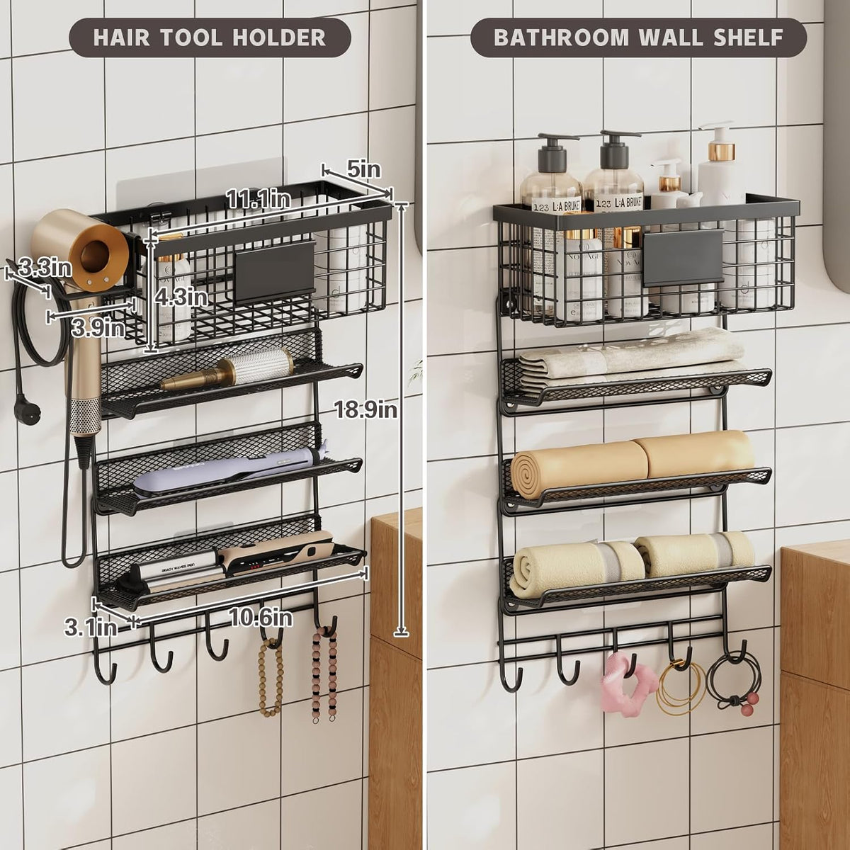 Magheo Hair Dryer Holder Wall Mounted, Adheisve Hair Tool Organizer for hair Brush/Appliance Wall Mount with 5 Tier Shelf Basket Hooks Blow Dryer and Straightener Holder for Bathroom(Black)