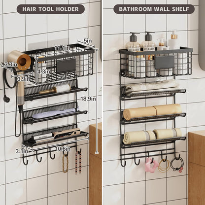 Magheo Hair Dryer Holder Wall Mounted, Adheisve Hair Tool Organizer for hair Brush/Appliance Wall Mount with 5 Tier Shelf Basket Hooks Blow Dryer and Straightener Holder for Bathroom(Black)