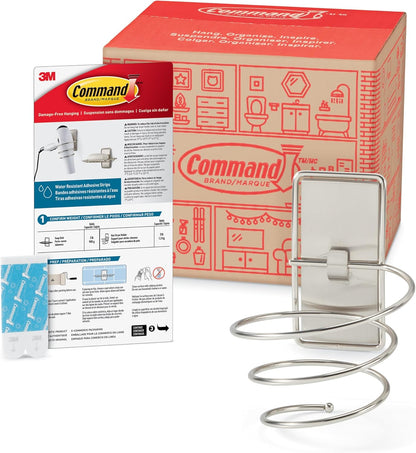 Command Hair Dryer Holder, Satin Nickel, 1 Dryer Holder, 2 Water Resistant Strips, Damage-Free Bathroom Organization and Decor