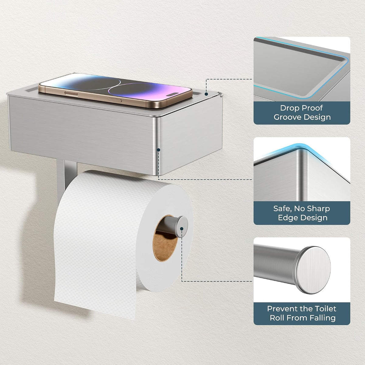 FORIOUS Toilet Paper Holder with Shelf, Wall-Mounted Modern Wipes Dispenser