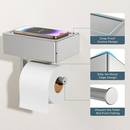 FORIOUS Toilet Paper Holder with Shelf, Wall-Mounted Modern Wipes Dispenser