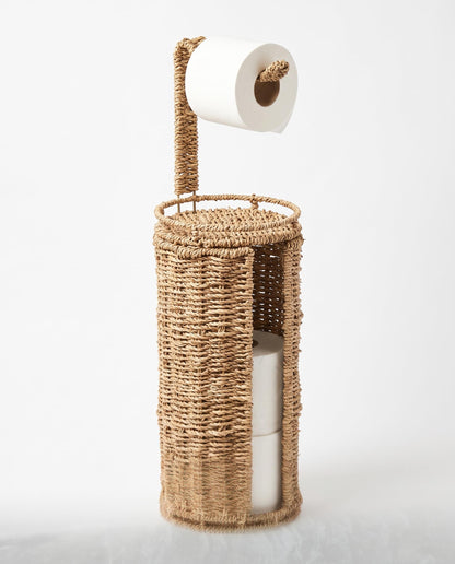 Extra Toilet Paper Storage with Lid and Liner Holds 3-4 MEGA Rolls, Water Hyacinth Ratten Toilet Paper Holder Free Stand Decorative Boho Covered Enclosed Tissue Organizer for Bathroom