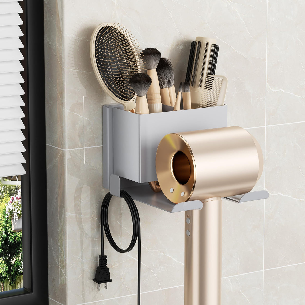 BOIVSHI Hair Dryer Holder Wall Mounted, Black Blow Dryer Holder