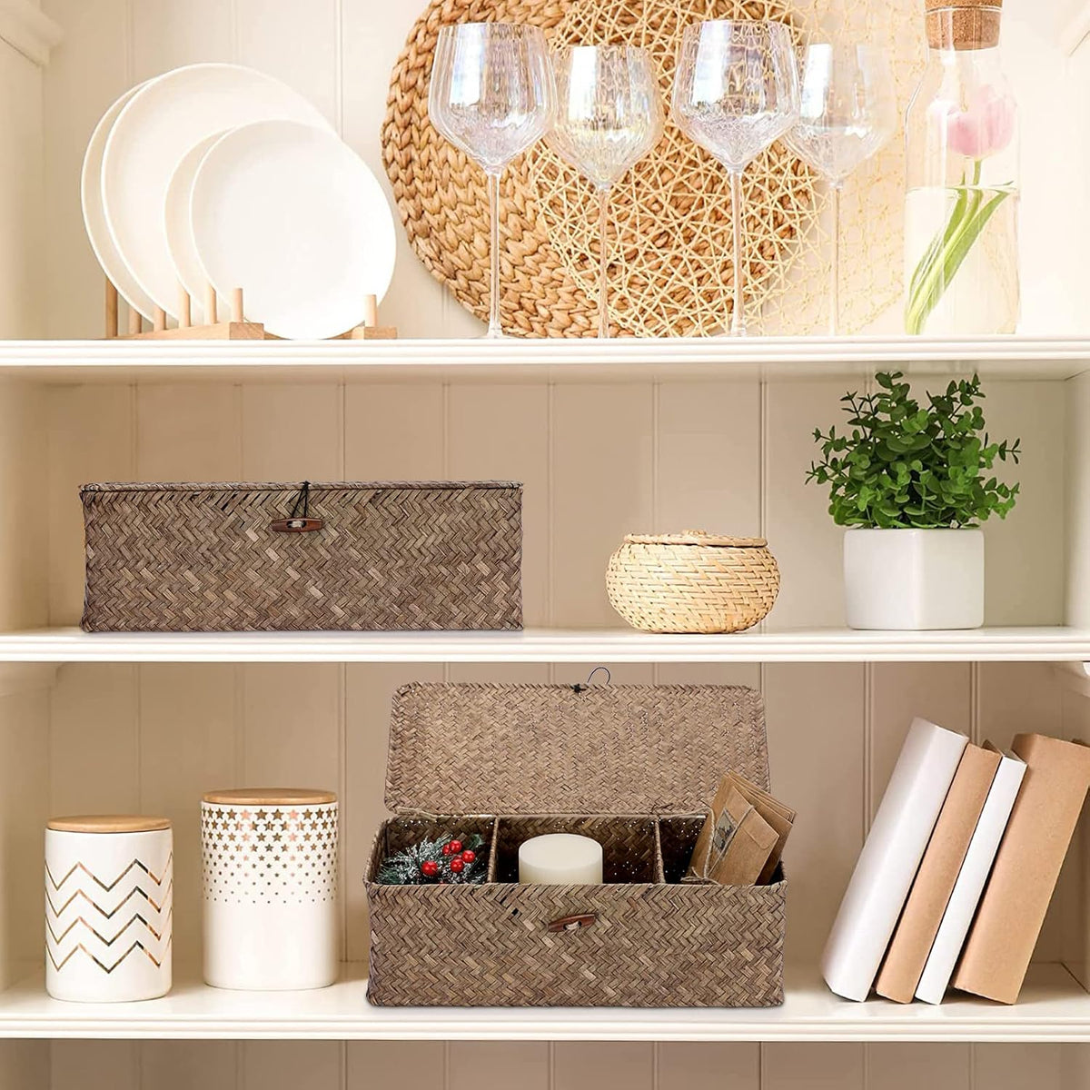 Hipiwe 3 Sections Toilet Tank Paper Basket with Lid Wicker Bathroom Basket