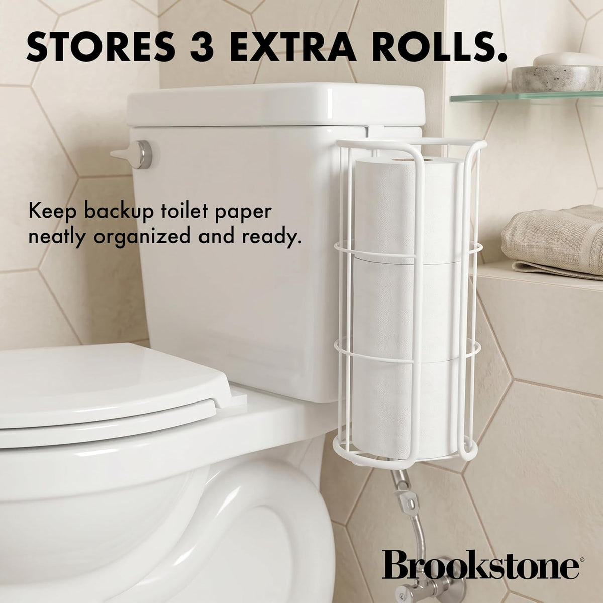 BROOKSTONE Over the Toilet Paper Holder Reserve - Toilet Paper Holder with Storage, Bathroom Toilet Paper Organizer, Metal Toilet Paper Roll Holder Fits Any Size Rolls - Matte White