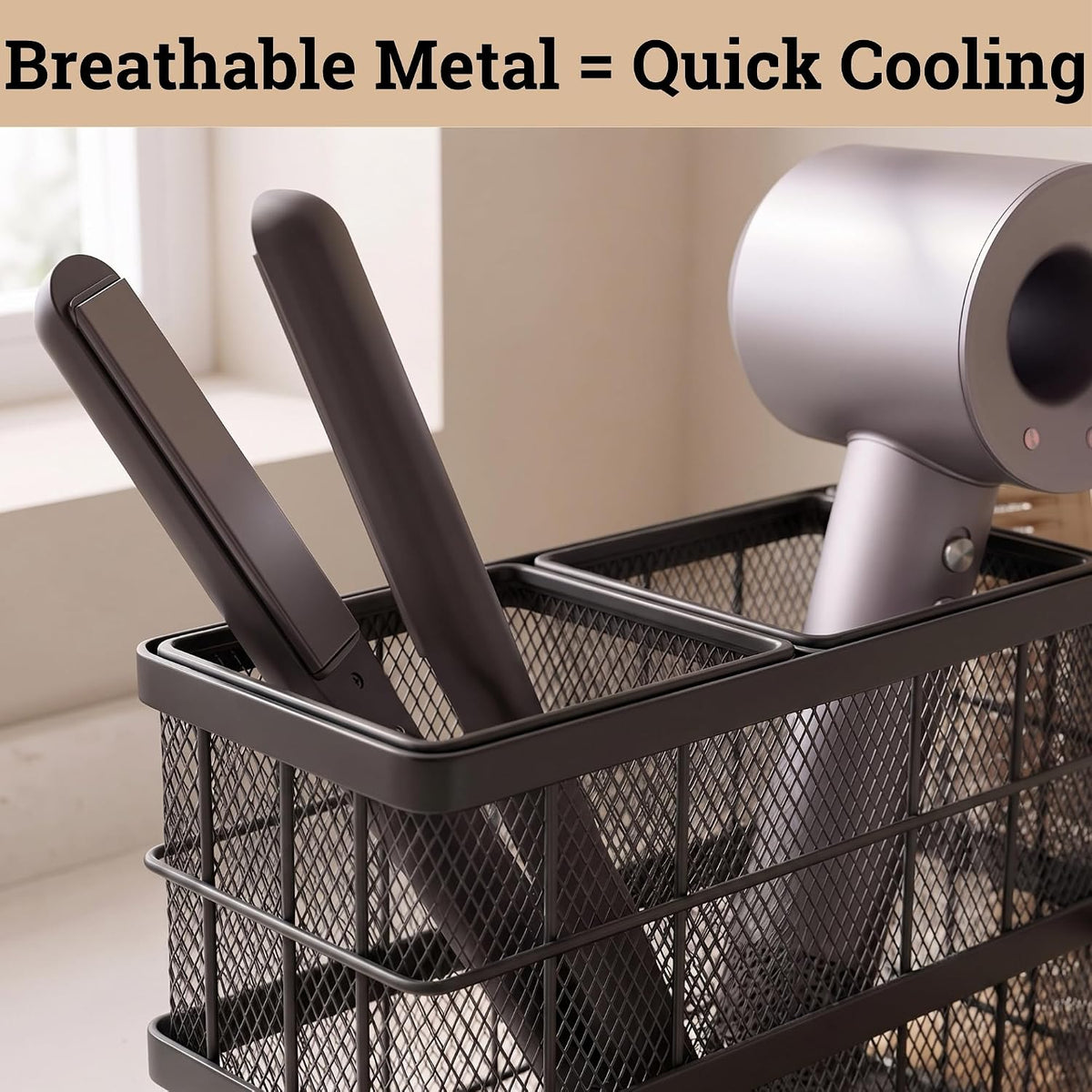 Hair Tool Organizer Countertop, Breathable Metal & Bamboo, Heat-Resistant