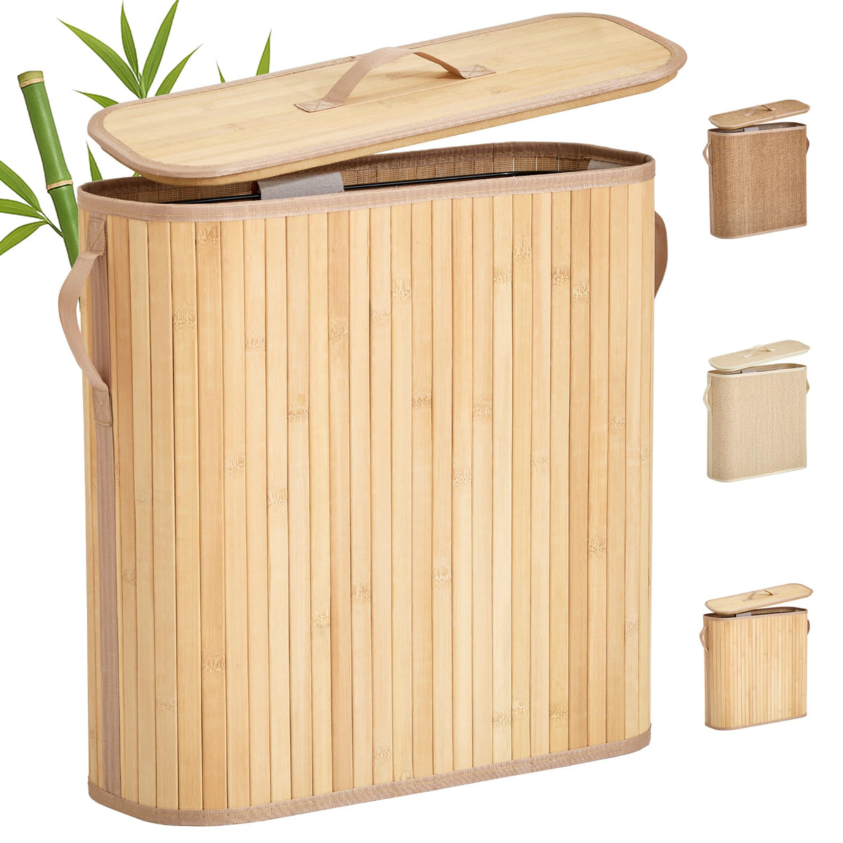Bamboo Toilet Paper Storage Basket with Lid & Handle - 10L Handwoven Bathroom Organizer for 4 Rolls - Sturdy Stand Holder for Toilet Paper Organization, Light Natural