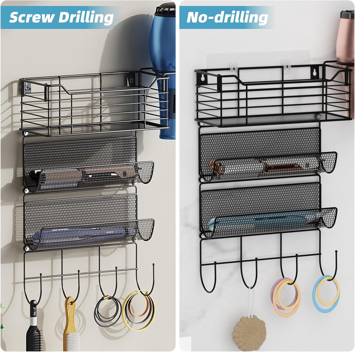 3 Tier Hair Tool Organizer Wall Mount, curling iron holder Basket, Black