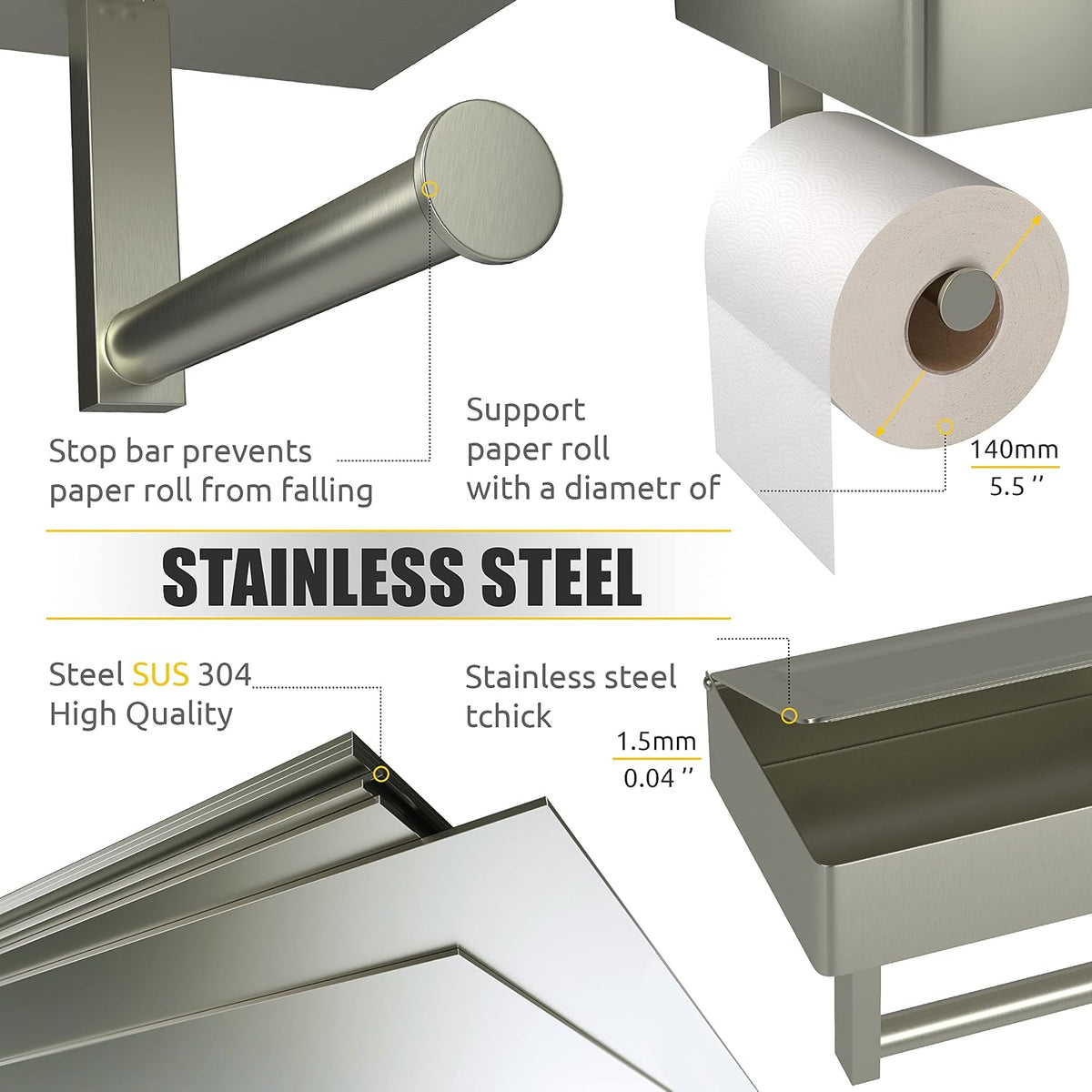 Brushed Nickel Toilet Paper Holder Wall Mounted with Shelf & Wipes Storage – Stainless Steel SUS304 Modern Toilet Tissue Roll Holder for Bathroom, Kitchen – Adhesive and Screw Installation
