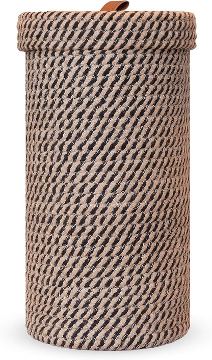 Handmade Cotton & Jute Toilet Paper Holder – Woven Toilet Paper Stand & Storage Basket with Lid, Freestanding Organizer for Bathroom, Fits 3 Mega Rolls 14" x 7''