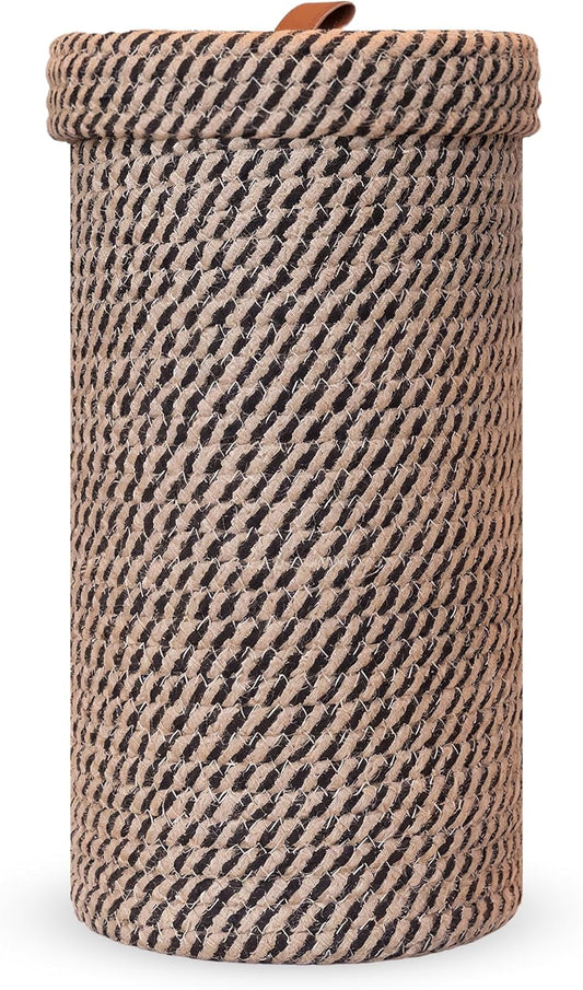 Handmade Cotton & Jute Toilet Paper Holder – Woven Toilet Paper Stand & Storage Basket with Lid, Freestanding Organizer for Bathroom, Fits 3 Mega Rolls 14" x 7''