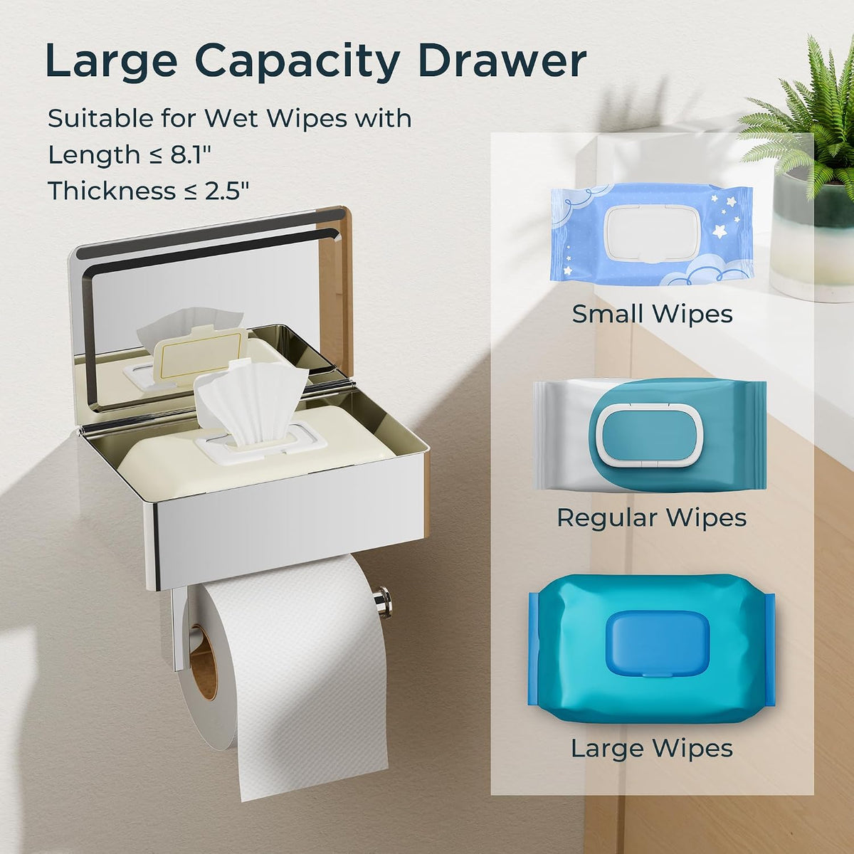 FORIOUS Toilet Paper Holder with Shelf, Wall-Mounted Modern Wipes Dispenser