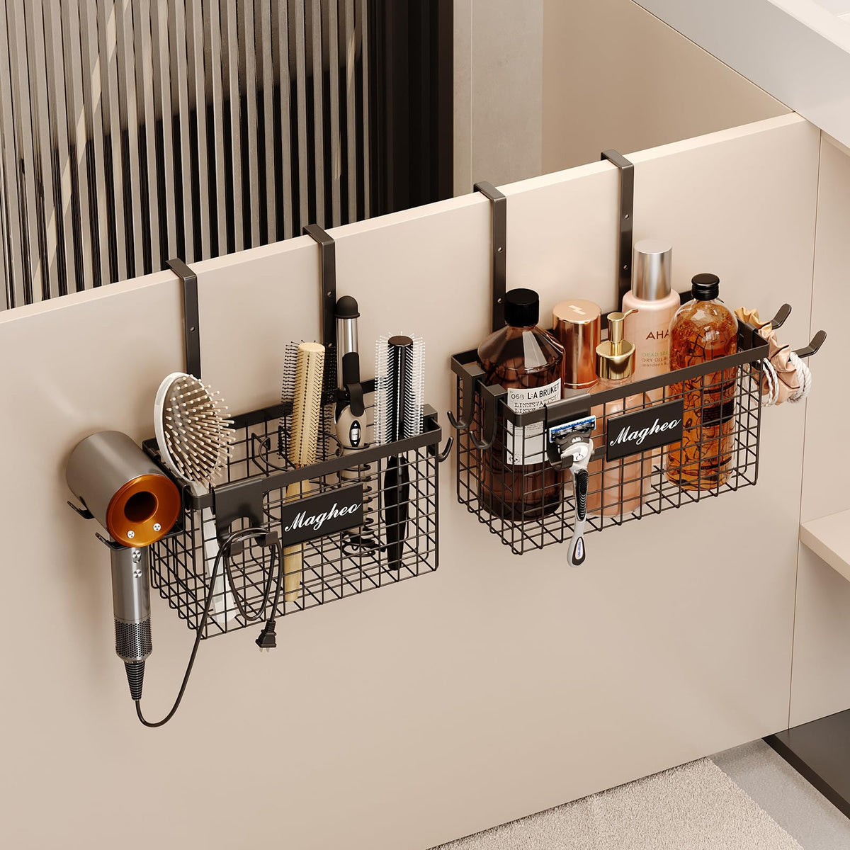 Magheo Hair Dryer Holder Wall Mounted, Adheisve Hair Tool Organizer for hair Brush/Appliance Wall Mount with 5 Tier Shelf Basket Hooks Blow Dryer and Straightener Holder for Bathroom(Black)