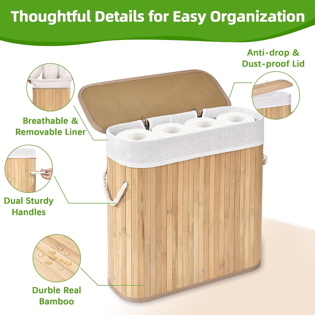 Livole Hand-Woven Bamboo Toilet Paper Storage with Lid & Handle, Natural