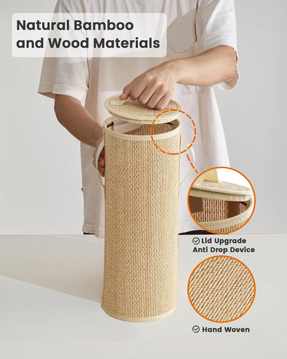 Bamboo Toilet Paper Storage Basket with Lid & Handle - 10L Handwoven Bathroom Organizer for 4 Rolls - Sturdy Stand Holder for Toilet Paper Organization, Light Natural
