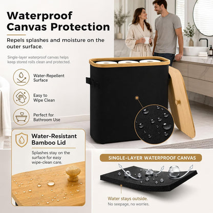 Premium Waterproof Toilet Paper Storage Box with Bamboo Lid - Fits 9 Mega Rolls, 900D Heavy-Duty Fabric Bathroom Organizer Bin with Elevated Base & Handles for Narrow Spaces (17.3"x 6.9"x 15.5")
