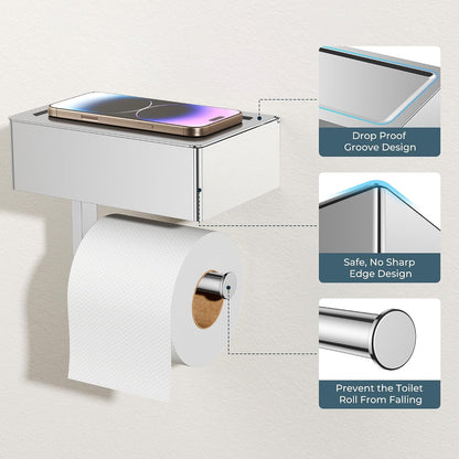 FORIOUS Toilet Paper Holder with Shelf, Wall-Mounted Modern Wipes Dispenser