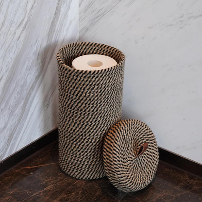 Handmade Cotton & Jute Toilet Paper Holder – Woven Toilet Paper Stand & Storage Basket with Lid, Freestanding Organizer for Bathroom, Fits 3 Mega Rolls 14" x 7''