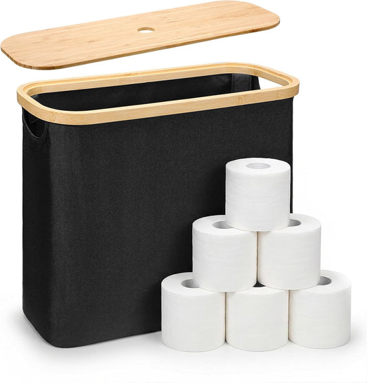 Toilet Paper Storage with Bamboo Lid, Toilet Paper Basket, Bathroom Storage Organizer with Bamboo Lid Holds Up to 9 Mega or 12 Regular Size Rolls, Black