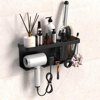 Hair Dryer Holder Wall Mounted Adhesive/Drilling, Hair Dryer Storage Organizer with Shelf & Hooks for Bathroom, Blow Dryer Holder, Hair Tool Organizer (Black)