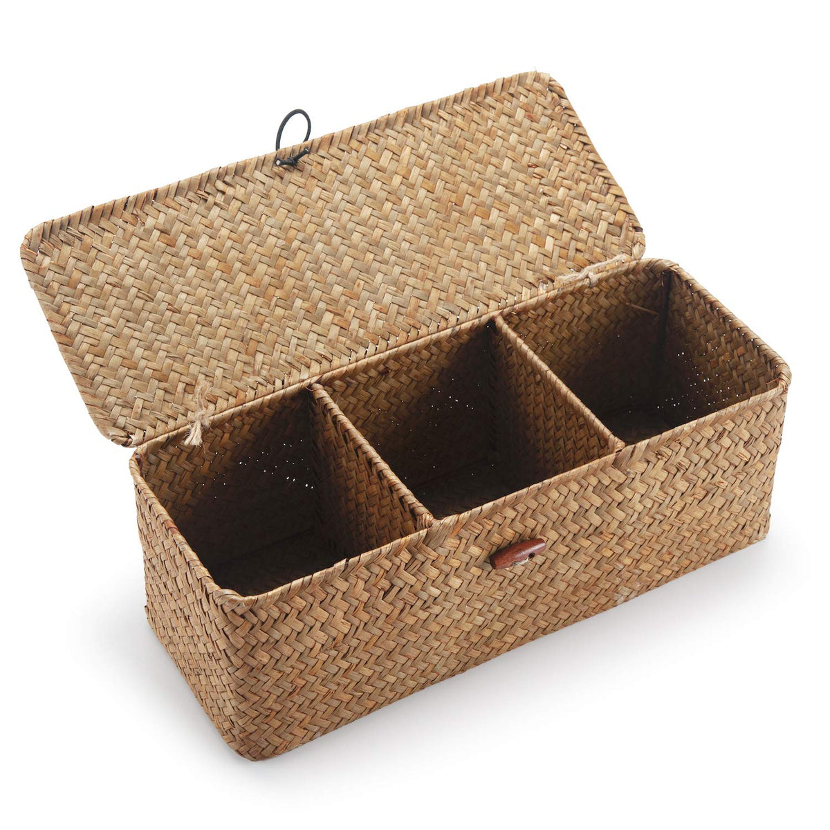 Whitewash Seagrass Tank Basket with Lid Woven Toilet Roll Storage Basket with Sections Rectangular for Organize Snack Toys (Large Compartment 16.5inch L x 5.5inch W x 5.5inch H)