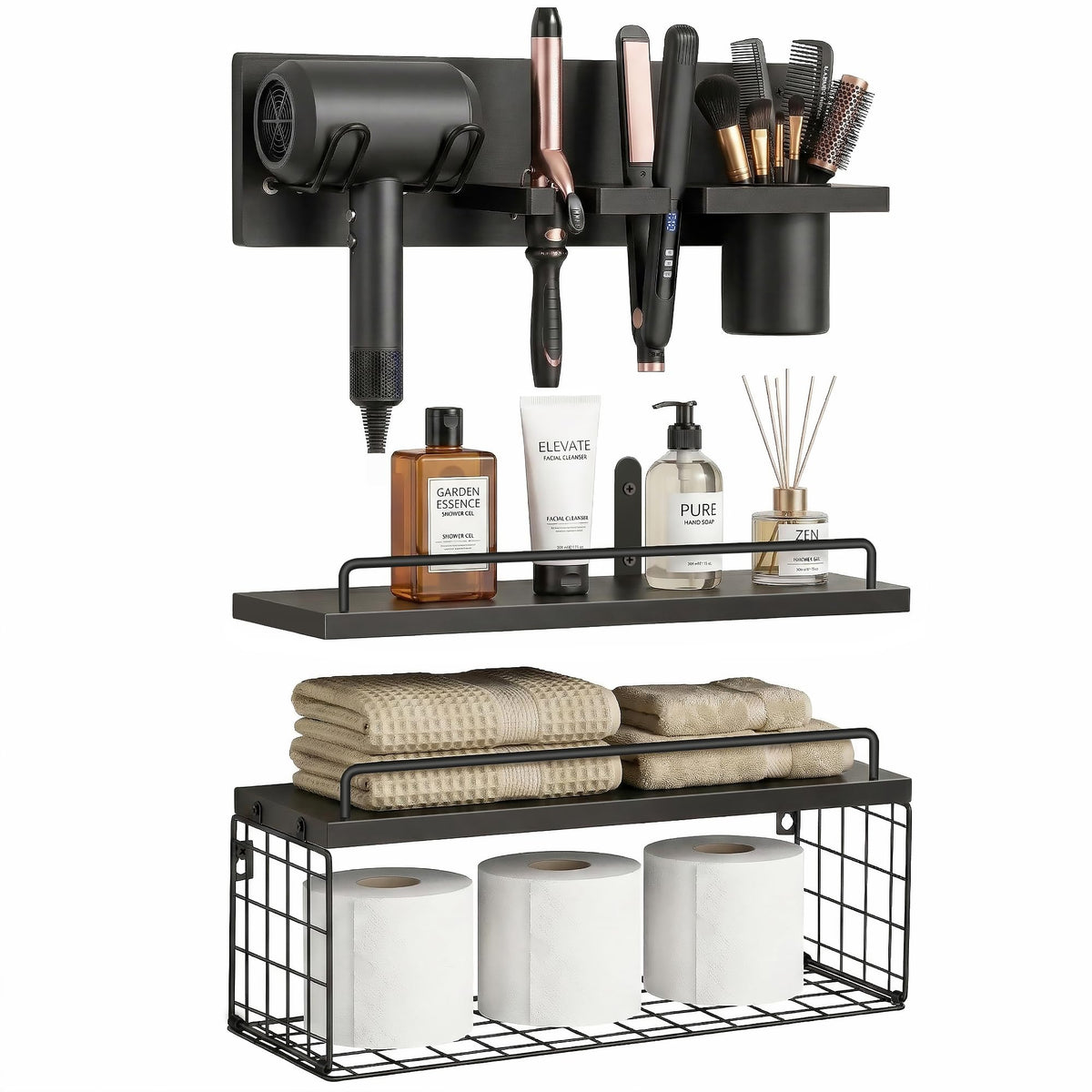 3-Tier Bathroom Floating Shelves with Hair Dryer Holder, Brown