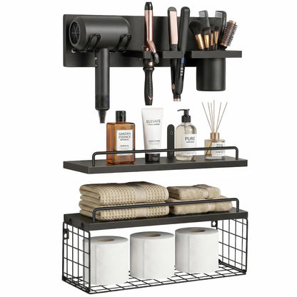 3-Tier Bathroom Floating Shelves with Hair Dryer Holder, Brown