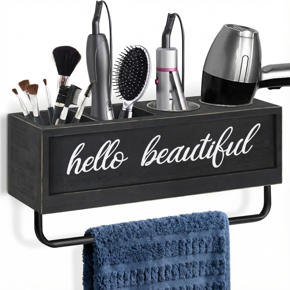 Hair Dryer Holder Wall Mounted, Hair Tools and Styling Organizer with Towel Bar, Farmhouse Beauty Hair Appliance Holder for Flat Iron, Curling Wand, Towel Rack (White)