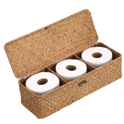 Hipiwe 3 Sections Toilet Tank Paper Basket with Lid Wicker Bathroom Basket