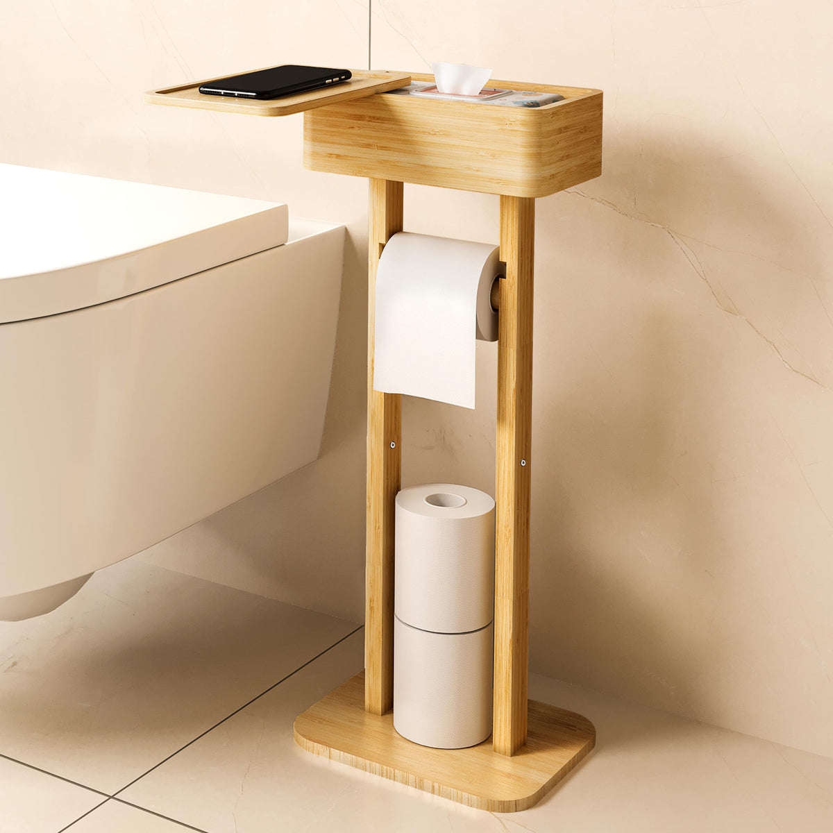 Wealone 4-in-1 White Toilet Paper Holder Stand with Storage Shelf Box