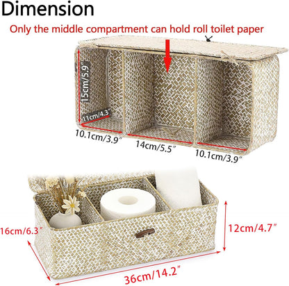 Hipiwe Seagrass Storage Basket Bin 3 Sections Hand-Woven Wicker Baskets with Lid Bathroom Basket Toilet Tank Baskets Holder for Organize Snack Tissue, Whitewash