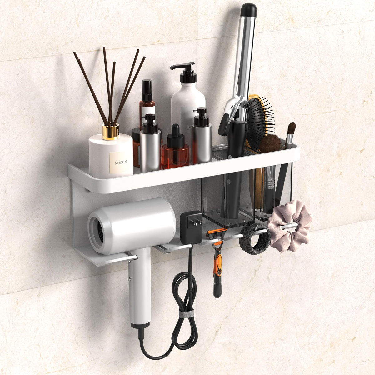 Hair Dryer Holder Wall Mounted Adhesive/Drilling, Hair Dryer Storage Organizer with Shelf & Hooks for Bathroom, Blow Dryer Holder, Hair Tool Organizer (Black)