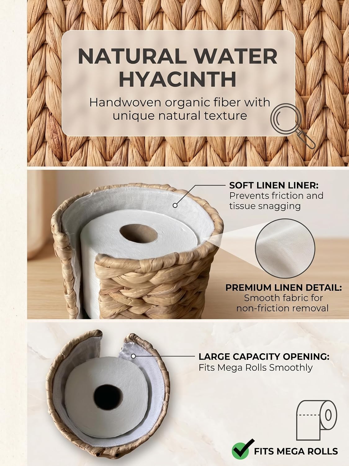 Extra Toilet Paper Storage with Lid and Liner Holds 3-4 MEGA Rolls, Water Hyacinth Ratten Toilet Paper Holder Free Stand Decorative Boho Covered Enclosed Tissue Organizer for Bathroom