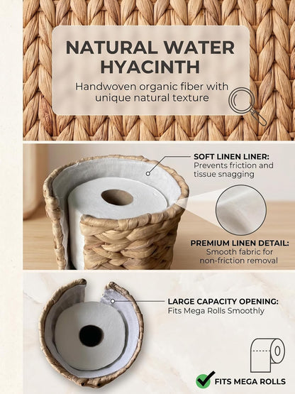 Extra Toilet Paper Storage with Lid and Liner Holds 3-4 MEGA Rolls, Water Hyacinth Ratten Toilet Paper Holder Free Stand Decorative Boho Covered Enclosed Tissue Organizer for Bathroom