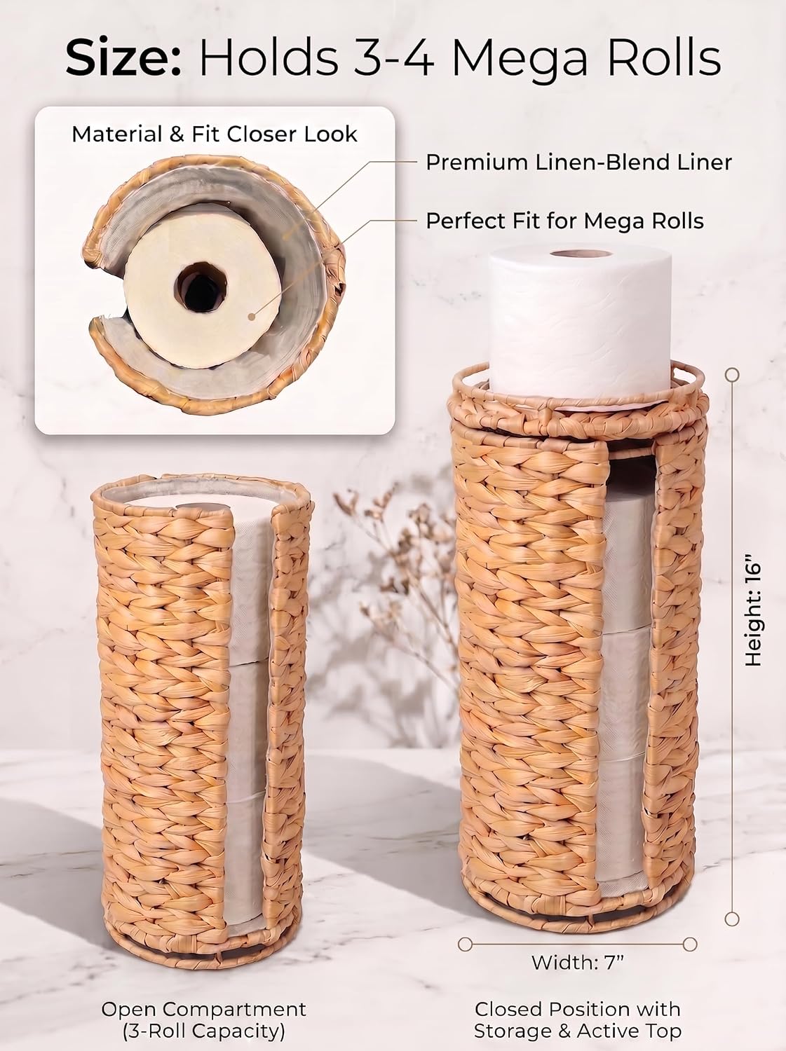 Extra Toilet Paper Storage with Lid and Liner Holds 3-4 MEGA Rolls, Water Hyacinth Ratten Toilet Paper Holder Free Stand Decorative Boho Covered Enclosed Tissue Organizer for Bathroom