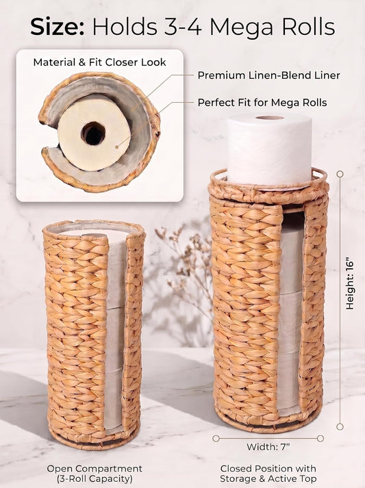 Extra Toilet Paper Storage with Lid and Liner Holds 3-4 MEGA Rolls, Water Hyacinth Ratten Toilet Paper Holder Free Stand Decorative Boho Covered Enclosed Tissue Organizer for Bathroom