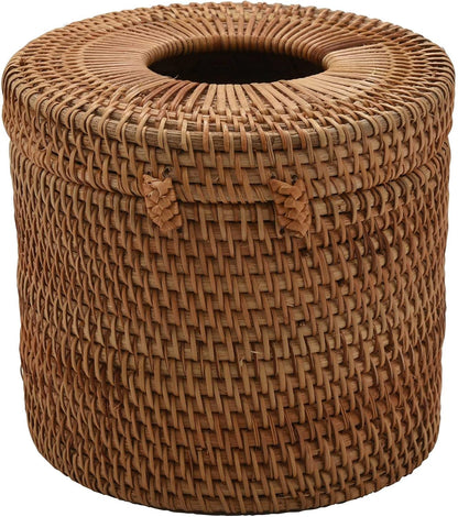 Round Rattan Tissue Box Vine Roll Holder Toilet Paper Cover Dispenser for Barthroom,Home,Hotel and Office