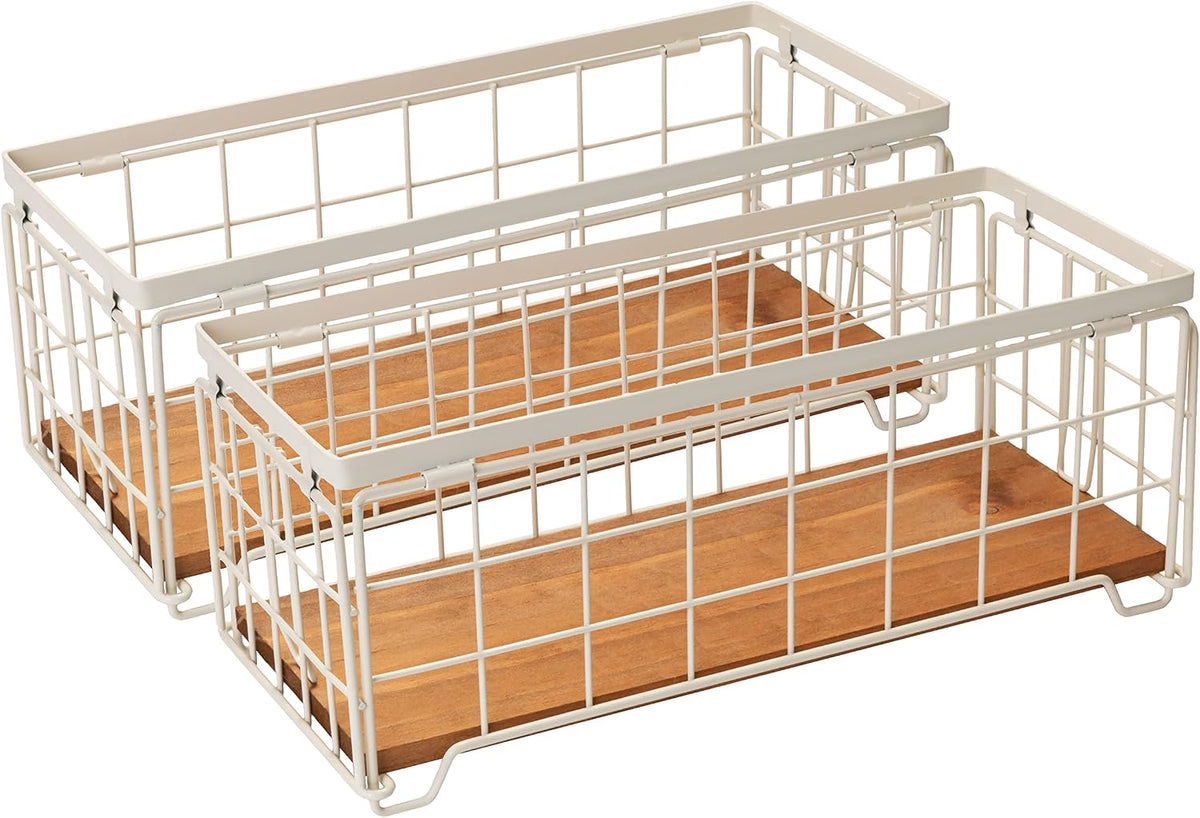 Metal Wire Storage Basket, Toilet Paper Roll Holder Wood Base Countertop Decor Box Toilet Tank Shelf Cabinet Organizer for Bathroom Pantry Garage Bedroom Livingroom (Cream White (2 Pack))