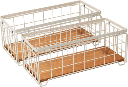 Metal Wire Storage Basket, Toilet Paper Roll Holder Wood Base Countertop Decor Box Toilet Tank Shelf Cabinet Organizer for Bathroom Pantry Garage Bedroom Livingroom (Cream White (2 Pack))