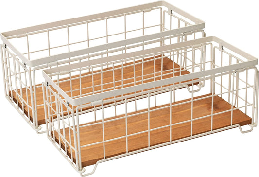 Metal Wire Storage Basket, Toilet Paper Roll Holder Wood Base Countertop Decor Box Toilet Tank Shelf Cabinet Organizer for Bathroom Pantry Garage Bedroom Livingroom (Cream White (2 Pack))