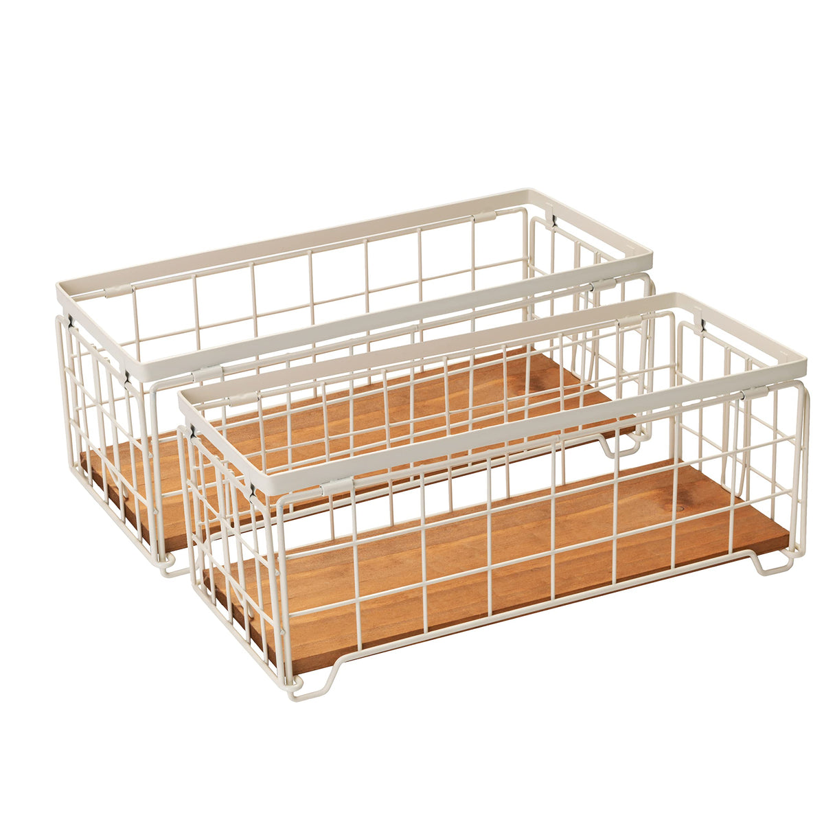 Metal Wire Storage Basket, Toilet Paper Roll Holder Wood Base Countertop Decor Box Toilet Tank Shelf Cabinet Organizer for Bathroom Pantry Garage Bedroom Livingroom (Cream White (2 Pack))