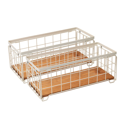 Metal Wire Storage Basket, Toilet Paper Roll Holder Wood Base Countertop Decor Box Toilet Tank Shelf Cabinet Organizer for Bathroom Pantry Garage Bedroom Livingroom (Cream White (2 Pack))