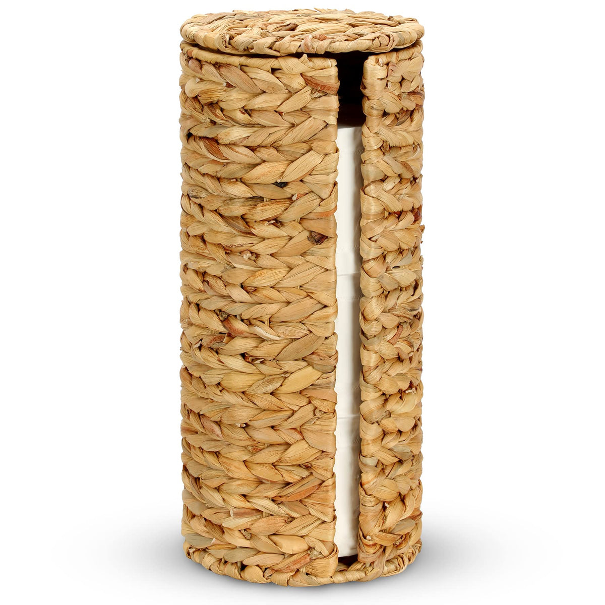 Graciadeco Stand Paper Storage with Lid Spare Extra 3 Rolls of Toilet Tissue Holder Free Standing Water Hyacinth Wciker Toilet Paper Organizer Basket for Bathroom