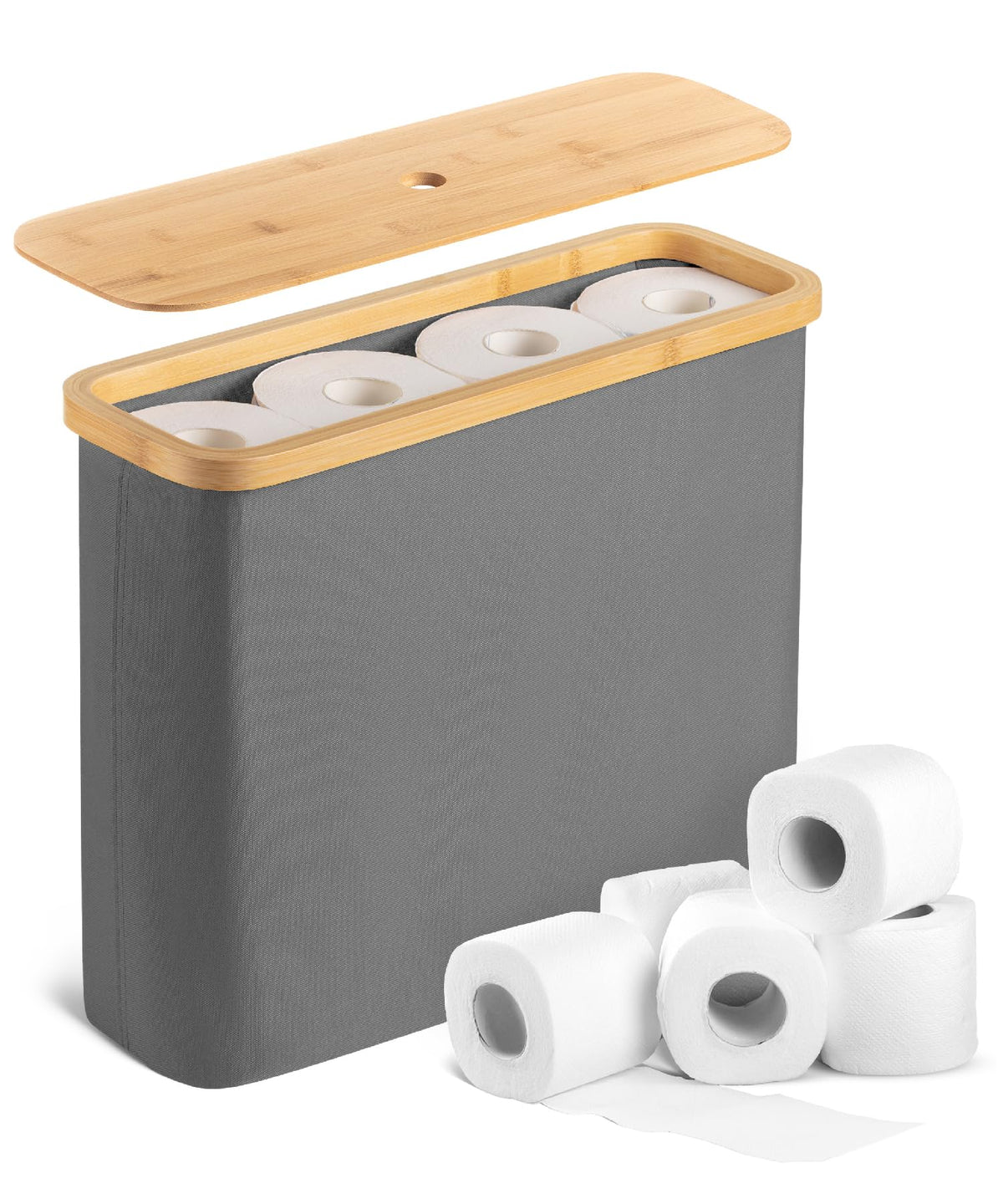BAMBOO LAND- Toilet Paper Storage with Bamboo Lid for 12 Rolls, Beige, Waterproof Bamboo Toilet Paper Holder Basket