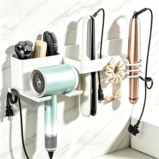 2026 Upgrade Hair Tool Organizer, 5 in 1 Hair Dryer Holder Wall Mounted & Adhesive, Metal Blow Dryer Holder, Curling Iron Holder & Flat Iron Organizer Rack, Waterproof & rustproof, Easy installation