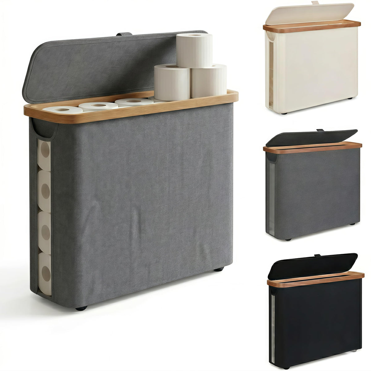 SENMOK 12-Roll Toilet Paper Storage with Lid, Bamboo Frame(Black)