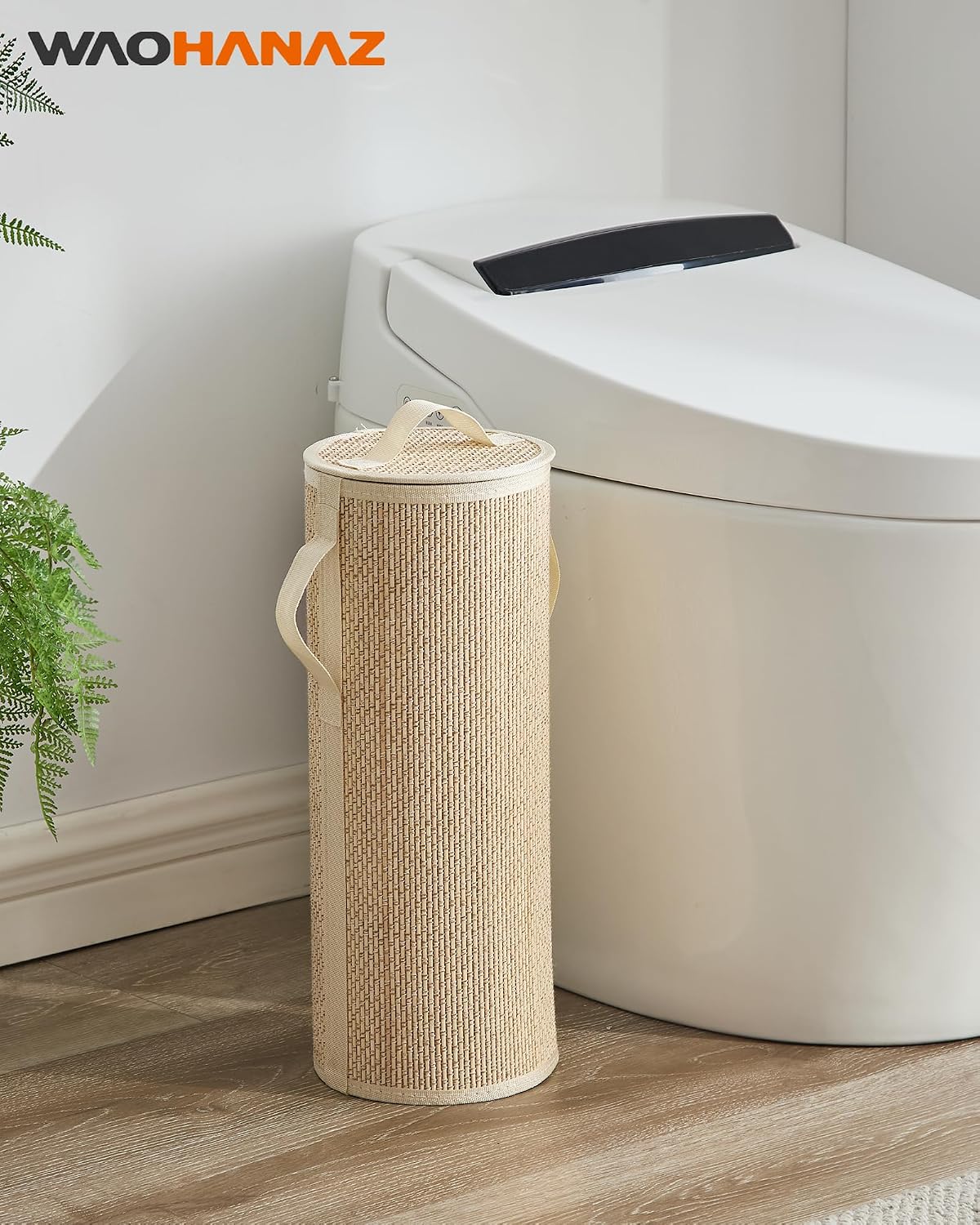 Bamboo Toilet Paper Storage Basket with Lid & Handle - 10L Handwoven Bathroom Organizer for 4 Rolls - Sturdy Stand Holder for Toilet Paper Organization, Light Natural