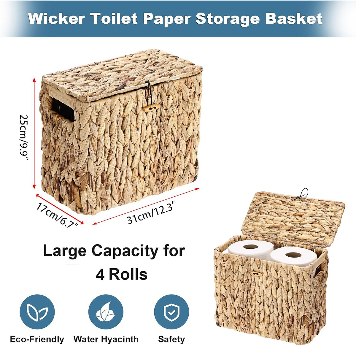 Sumnacon Toilet Paper Basket, Wicker Water Hyacinth Toilet Paper Holder with Handles and Lid, Holds Up to 4 Mega Rolls, Decorative Farmhouse Woven Bathroom Accessories Toilet Tissues Organizer, Small