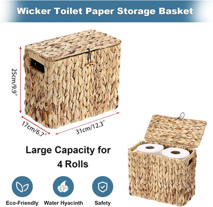 Sumnacon Toilet Paper Basket, Wicker Water Hyacinth Toilet Paper Holder with Handles and Lid, Holds Up to 4 Mega Rolls, Decorative Farmhouse Woven Bathroom Accessories Toilet Tissues Organizer, Small